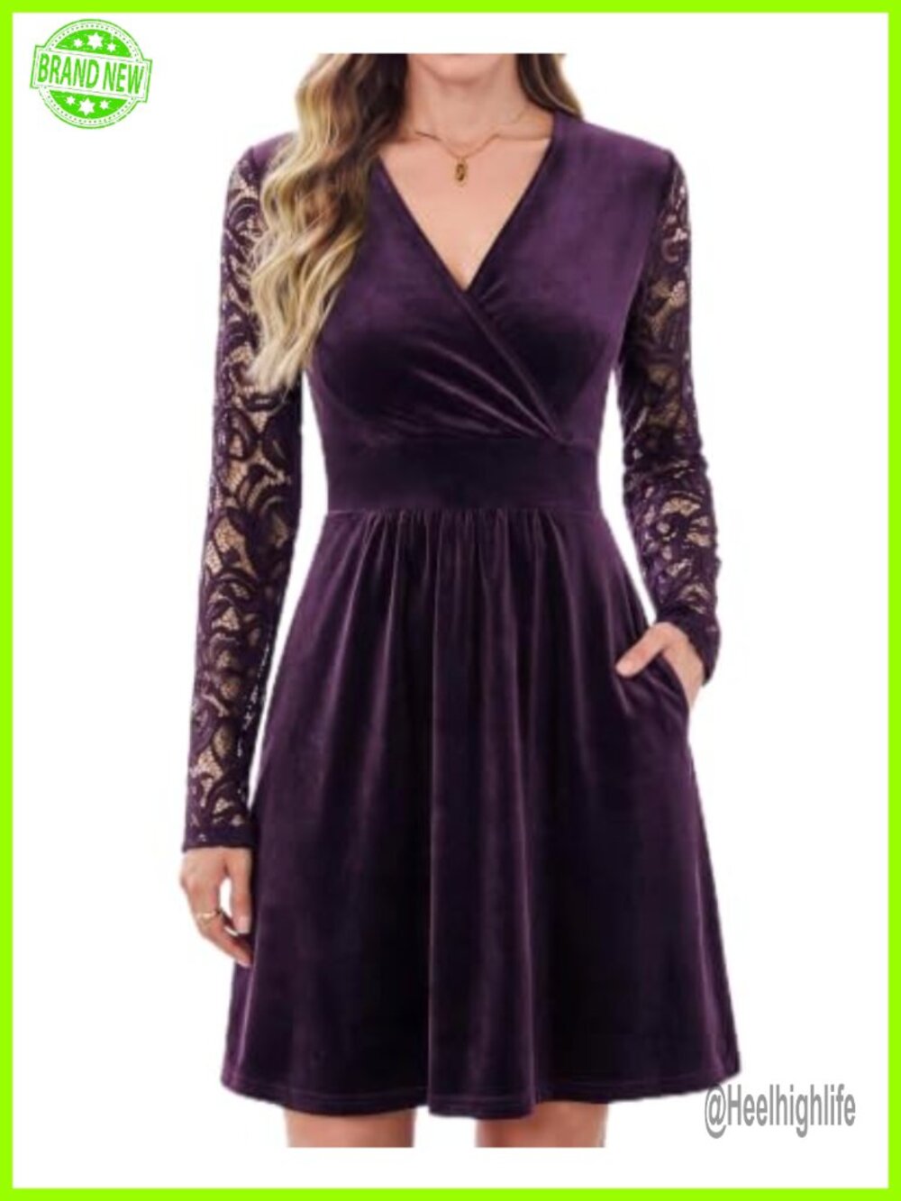 Women's Velvet Mini Dress V Neck Long Lace Sleeve Faux Wrap Cocktail Party